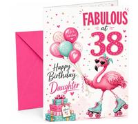 Daughter 38th Birthday Card Fabulous Flamingo on Roller Skates | Large A5 Card with Printed Inside Message; Cheerful pink flamingo on roller skates for Daughter 38th Birthday