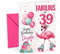 Daughter 39th Birthday Card Fabulous Flamingo on Roller Skates | Large A5 Card with Printed Inside Message; Playful flamingo-on-roller-skates with balloons, gifts for Daughter 39th Birthday