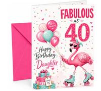 Daughter 40th Birthday Card Fabulous Flamingo on Roller Skates | Large A5 Card with Printed Inside Message; Playful pink flamingo on roller skates with balloons for Daughter 40th Birthday