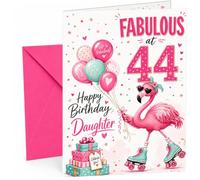 Daughter 44th Birthday Card Fabulous Flamingo on Roller Skates | Large A5 Card with Printed Inside Message; Cheerful pink flamingo on roller skates with balloons for Daughter 44th Birthday
