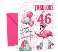 Daughter 46th Birthday Card Fabulous Flamingo on Roller Skates | Large A5 Card with Printed Inside Message; Cheerful pink flamingo on roller skates for Daughter 46th Birthday