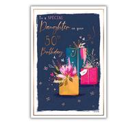 Daughter 50th Birthday Card - Age 50 - Butterflies and Love Hearts - Floral Design - Special Finishes and Illustrated Insert Leaf - Made in the UK - Eco-Friendly