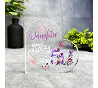 Daughter 50th Birthday Present Purple Floral Heart Plaque Keepsake Gift - Small Gifts For Him For Her, Present, Acrylic Plaque, Unqiue Gift, Ornament, Décor, Plaque, trinket, Keepsake Gift