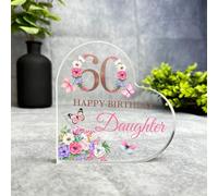 Daughter 60th Pink Purple Happy Birthday Present Heart Plaque Keepsake Gift - Small Gifts For Him For Her, Present, Acrylic Plaque, Unqiue Gift, Ornament, Décor, Plaque, trinket, Keepsake Gift