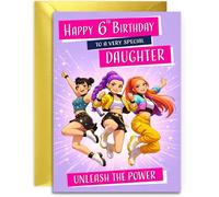 Daughter 6th Birthday K-Pop Girls Birthday Card, Kpop Colourful Popstar Unleash the Power Design, Verse Inside for Girl 6th Birthdays 6th Daughter A5 Size Card with Gold Envelope