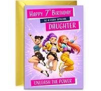 Daughter 7th Birthday K-Pop Girls Birthday Card, Kpop Colourful Popstar Unleash the Power Design, Verse Inside for Girl 7th Birthdays 7th Daughter, A5 Size Card with Gold Envelope