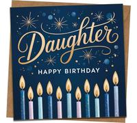 Daughter Birthday Card - 145mm x 145mm Square Greeting Card with Kraft Envelope, Navy and Gold Script with Candles, Happy Birthday Card for Daughter