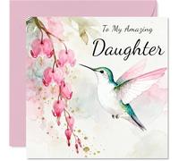 Daughter Birthday Card - Hummingbird Wishes - Happy Birthday Card for Daughter from Dad Mum, 145mm Pink Floral Illustration Bday Greeting Cards