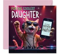 Daughter Birthday Card - Party DJ Cat - Happy Birthday Card for Daughter from Dad Mum, 145mm deejay cat Bday Greeting Cards