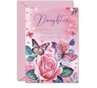 Daughter Birthday Card - Pink Rose Butterfly - Beautiful Happy Birthday Card for Daughter from Mum Dad, 5x7 Inch Female Floral Bday Greeting Cards