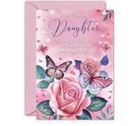 Daughter Birthday Card - Pink Rose Butterfly - Beautiful Happy Birthday Card for Daughter from Mum Dad, A5 Female Floral Bday Greeting Cards