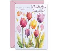 Daughter Birthday Card - Watercolour Tulips Flowers - Happy Birthday Card for Daughter from Dad Mum, A5 Female Floral Bday Greeting Cards