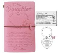 Daughter Gift from Mum Leather Journal- Handmade Pink Notebook - Engraved Wallet Insert Card - Inspirational Keyring - Proud of You Best Daughter Present for Birthday Graduation Ornament