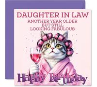 Daughter in Law Birthday Card - Curler Cat - Happy Birthday Card for Daughter in Law from Father Dad Mother Mum, 145mm Curler Cat Bday Greeting Cards