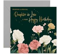 Daughter in Law Birthday Card for Her - Sweet Dark Green Pink Peach Coloured Flowers Card with Gold Foil - Female Birthday Card for Family | Blank Inside with Envelope