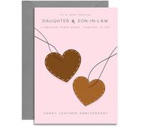 Daughter & Son-in-Law 3rd Anniversary Card - Leather Wedding Anniversary Card - Leather Hearts Design - A5 Size Card with Grey Envelope