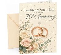 Daughter & Son-in-Law 70th Anniversary Card Rose Gold Rings | Large A5 Card with Printed Inside Message; Rose gold-style rings with blush roses for Daughter & Son-in-Law 70th Anniversary