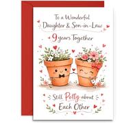 Daughter & Son-in-Law 9th Anniversary Card - Cute Pair of Pots Design -9th Pottery Anniversary Card - A5 Size Card with Red Envelope