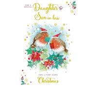 Daughter & Son in Law Christmas Card Modern Robins 9" x 6" Lovely Verse