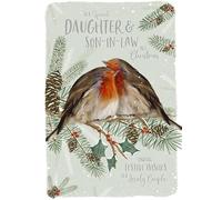 Daughter & Son In Law - Robins in Love for a Lovely Couple - Large Luxury Hand Finished Christmas Card with Red Ribboned Bow and Silver Foiled Lettering - XHNWW046