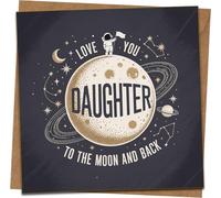 Daughter To The Moon and Back Greeting Card - Space Astronaut Design - 145mm x 145mm - Blank Inside - Includes Kraft Envelope - Birthday, Love, Thinking of You