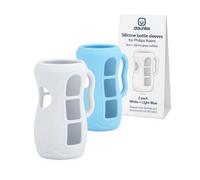 daunke Silicone Baby Bottle Sleeve for Philips Avent 8oz Glass Bottles,White & Blue Protective Bottle Cover with Easy-Grip Handles, Level View Windows & Thickened Base, 2 Pack,