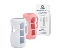 daunke Silicone Baby Bottle Sleeve for Philips Avent 8oz Glass Bottles,White & Red Protective Bottle Cover with Easy-Grip Handles, Level View Windows & Thickened Base, 2 Pack,
