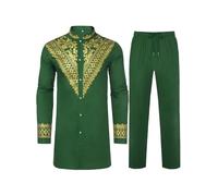 Daupanzees Men's African 2 Piece Set Luxury Traditional Suit Stamp Print Dashiki Button Down Shirt and Pants Outfit, Green, Small