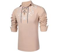 Daupanzees Mens Scottish Jacobite Ghillie Kilt Shirt Casual Long Sleeve Shirt, Beige, XXL