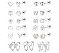 DAVBNM 13 Pairs Earrings for Women Girls Silver Flat Back Earrings Stud Earring Pink Heart Butterfly Flower CZ Cute Multicolored Earring Cubic Zirconia Stud Set for Kids Women
