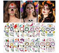 DAVBNM 18 pcs Day of the Dead Costume Tattooss, hHalloween Face Temporary Tattooss, Day of the Dead Sugar Skull Fake Tattoos Stickers, Halloween Tattoos for Adults & Kids Masquerade Halloween Party