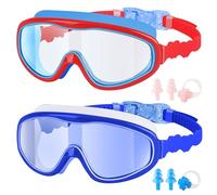 DAVBNM 2 Pack Kids Swimming Goggles, Swim Goggles for Children and Early Teens from 3 to 15 Years Old, Nti-fog, Waterproof, Nose Clip Ear Plugs, Red and Blue