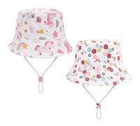 DAVBNM 2 Pcs Kids Bucket Hats, Girls Sun Hats with Cute Pattern, Lightweight & Breathable Girls Summer Hat, Sunhat Kids with Strap, Wide Brim Beach Cap for Outdoor, Foldable Beach Hat for 2-5 Years