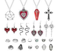 DAVBNM 21 Pcs Grunge Y2K Vintage Punk Emo Jewelry Set, Knuckle Rings Multiple Necklace and Earrings, for Women Girls for Parties, Daily Life