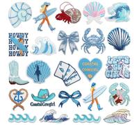 DAVBNM 24Pcs Coastal Cowgirl Iron On Patches, Summer Ocean Embroidered Blue Patches for Girls, Heat Press Embroidery Patch for Clothes Dress Pants Hats Jeans Beach Bags
