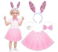 DAVBNM 4 Pieces Kids Bunny Costume, Rabbit Dress Up Outfit with Bunny Ears Headband, Animal Costume Set, Kids Dress Up for Cosplay Birthday Party Carnival Christmas Halloween Party, Pink