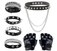 DAVBNM 5 pcs Emo Accessories - Goth Choker | Studded Bracelet | Leather Fingerless Gloves for Woman Man Fancy Dress, for Halloween Costume 80s 90s Emo Jewelry Punk Accessories
