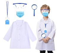 DAVBNM 5 Pcs Kids Scientist Costume Include Lab Coat, Goggles, ID Card, Magnifier and Face Mask for Science Week Dress Up Doctor Costume Set for Role Play Boys Girls
