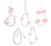 DAVBNM 5 pcs Phone Charm, Cute Bracelet Strap, White Pearl Bowknot Cell Phone Charms, Pink Stylish Phones Chain Mobile Wrist Straps for Girls Women