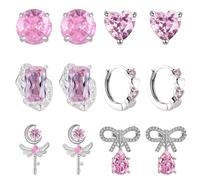 DAVBNM 6 Pairs Sterling Silver Earrings for Girls Women Stud Sets Huggie Hoop Earrings Cubic Zirconia Heart Teen Childs