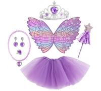 DAVBNM 6 PCS Kids Fairy Wings Costume, Butterfly Fairy Wings and Magic Wand, Crown Crystal Tiaras, Tutu, Fancy Dress for Girl Gift for Girls Party Costume Halloween Christmas