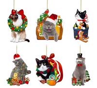 DAVBNM 6 Pieces Cat Christmas Ornaments, Acrylic Christmas Tree Decorations 2D Funny Cat Xmas Decoration Cute Animal Rustic Seasonal Décor Cat Lovers Gift
