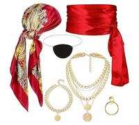 DAVBNM 6 Pieces Pirate Costume Accessories Set, Medieval Renaissance Fancy Dress for Women Men, Bandana Sash Belt Eye Patch Earrings Necklace Bracelet, for Halloween Cosplay Party