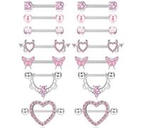 DAVBNM 7 Pairs Nipple Piercing Jewellery, 14G Nipple Bars, Bar Piercing Tongue Bar Nipple Bar, Surgical Steel Nipple Jewellery Body Piercing for Women（Pink）