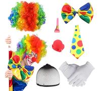 DAVBNM 7 Pcs Clown Costume Set, Clown Dress Up, cClown Wig Nose Gloves Tie Whistle for Halloween Cosplay Theme Party Carnival Circus Show