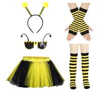 DAVBNM 7PCS Bumble Bee Costume Kids, Bee Costume with Bees Antenna Headband Sunglasses Leg Sleeves Long Gloves Bees Dress for Kids BeeS Fancy Dress for Party Cosplay