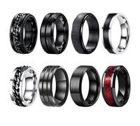 DAVBNM 8 Pcs Spinner Rings Black Spinner Ring for Men Women, Fidget Ring Set Cool Twisted Chain Anxiety Rings Men Black SpinnerRing Set, 8mm Wide