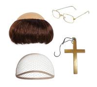 DAVBNM Brown Monk Wig, Monk Fancy Dress for Adults, Funny Wigs, Funny Costumes for Men - Bald Wig | Head Cap | Gold Cross | Glasses, Halloween Fancy Dress Costume for Party Halloween Old Man Cosplay