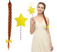 DAVBNM Room On The Broom Costume, Witch Costume Accessories Set - Brown Braided Wig Band | Big Star Wand | Yellow Bow, World Book Day Costumes, Storybook Fancy Dress Kit for Halloween Party Cosplay