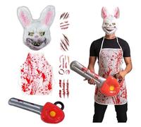 DAVBNM Scary Halloween Costumes Bunny, Horror Rabbit Costume, Scary Halloween Mask - Bunny Mask | Bloody Apron | Inflatable Chainsaw | Horror Tattoo Stickers, for Carnival Party Costume Cosplay